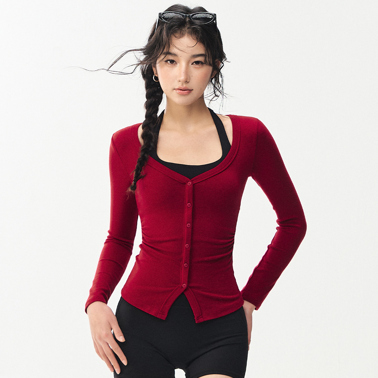 红色舒适瑜伽长袖女紧身2026年新款高级纽扣外搭健身运动上衣T恤,运动服/休闲服装,健身衣,淘宝优惠券,粉丝福利购,淘宝优惠卷