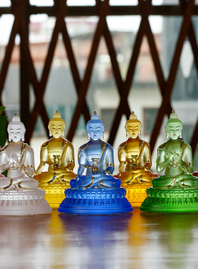 古法琉璃药师七佛居家供奉彩绘贴金密宗如来佛像藏传蓝色家居摆件