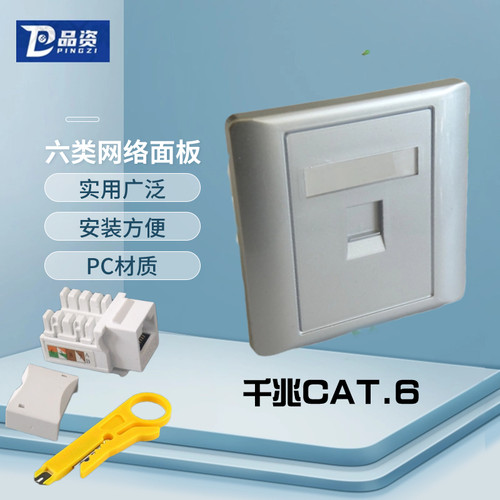 86型银色一位带门六类打线式CAT.6电脑千兆RJ45网络面板墙壁插座