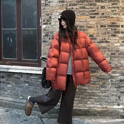 一念实蓬松显白铁锈红中长款豆腐块立领羽绒服(含90白鸭绒)36652