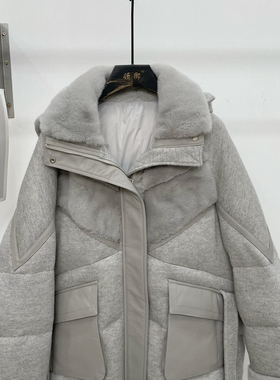 一念店灰色连帽水貂毛羊毛外套(配可拆卸帽子)(含100羊毛)S880