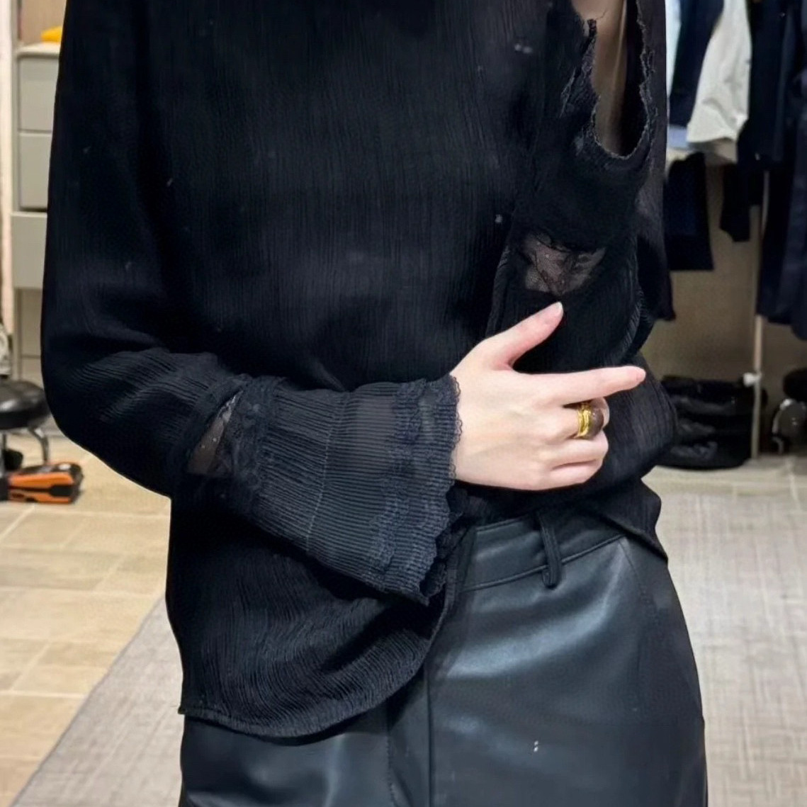 一念轻奢新新中式极简风立领修身蕾丝拼接褶皱人棉小衫YS5-t087