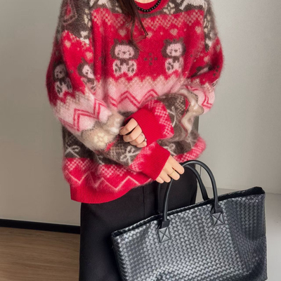 一念家尔岛小熊提花圆领毛衣休闲百搭针织衫(含89.9绵羊毛)K1508