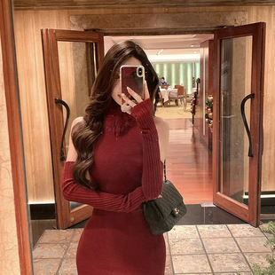 套 针织袖 A2123 配可拆卸仿毛毛领 一念设计身显瘦包臀针织连衣裙