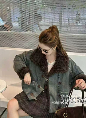 一念复古港风毛领加棉宽松短款牛仔外套58017