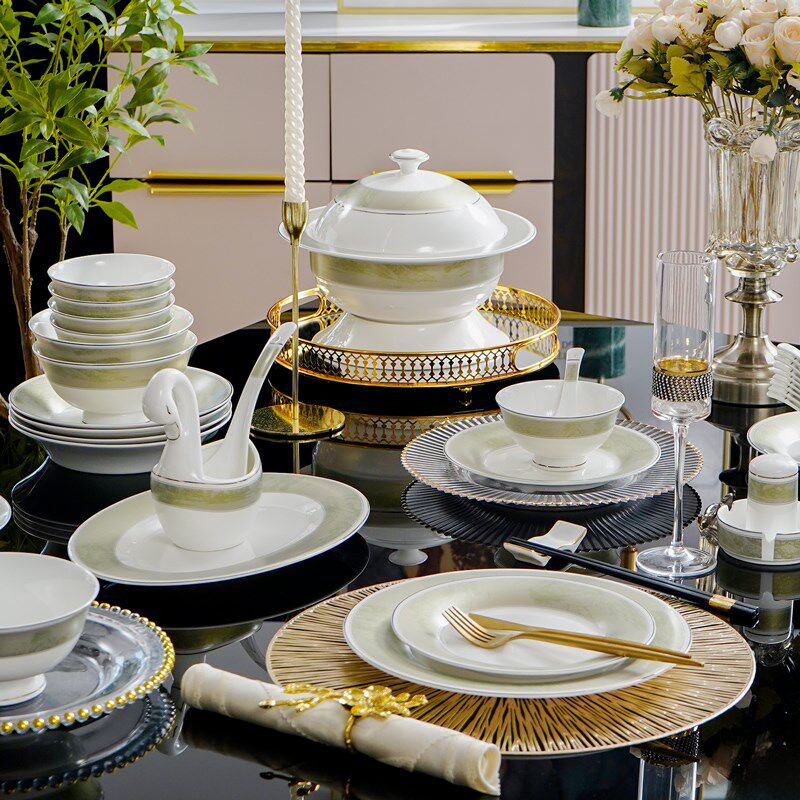 新中式60头碗碟套装家用骨瓷餐具套装2025新款乔迁送礼碗盘碟组合