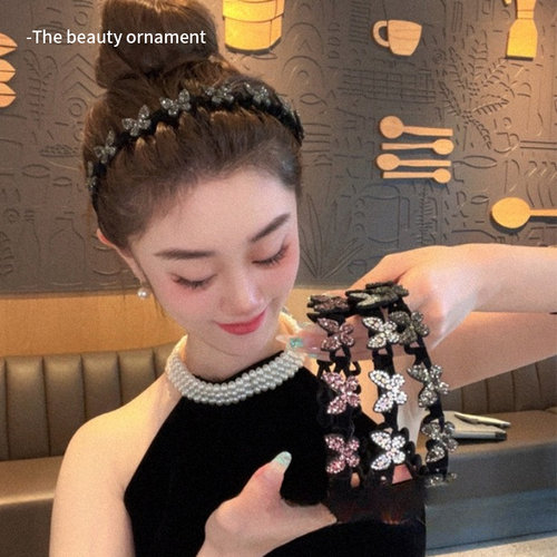 水钻蝴蝶植绒碎发发箍女2024新款高级感压发洗脸头箍固定刘海头饰