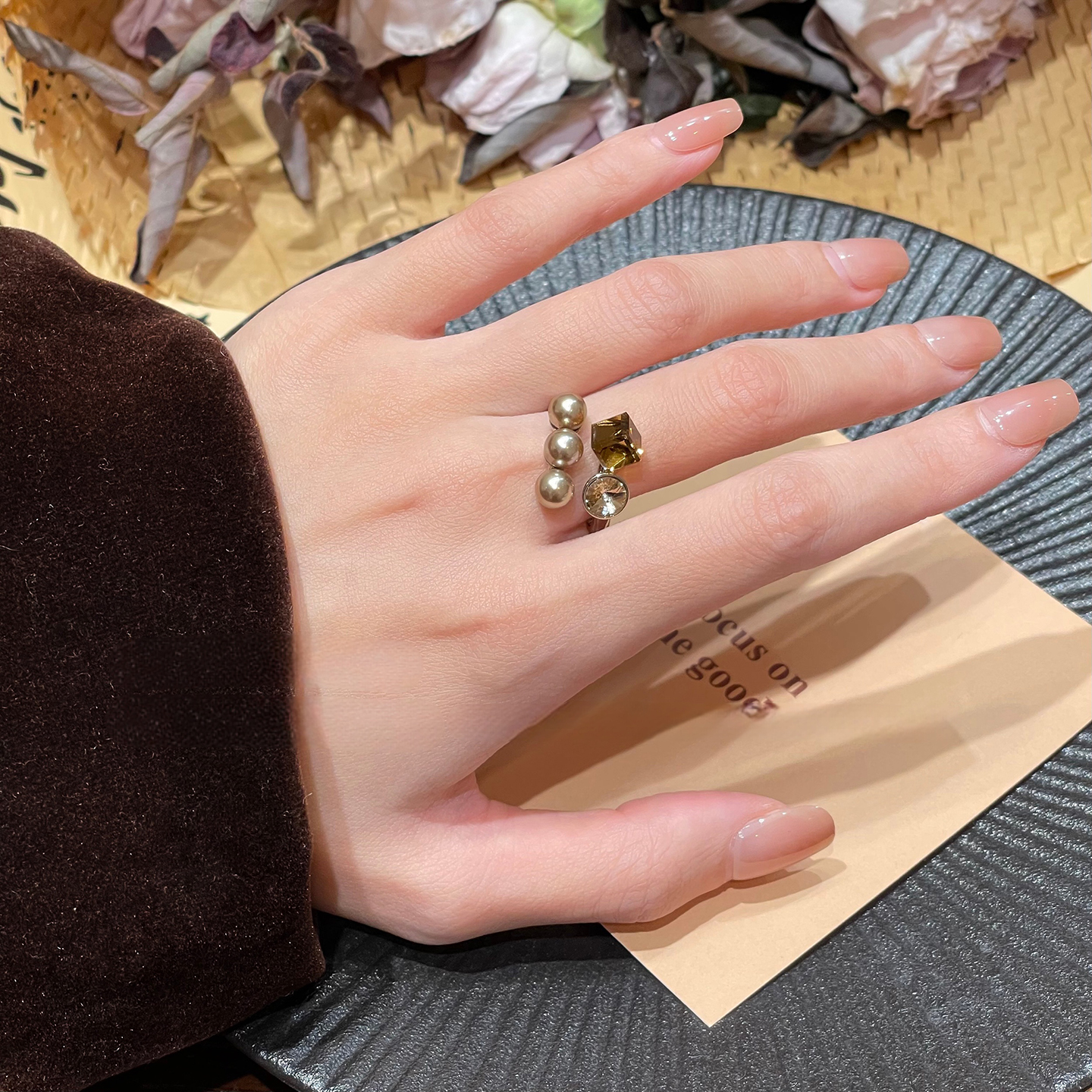 复古方糖珍珠开口戒指女轻奢高级感指环20258新款爆款显气质对戒