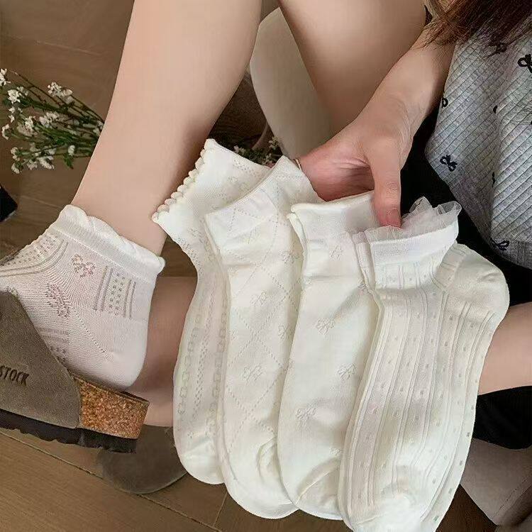 白色袜子女夏季薄款网眼透气韩国日系蝴蝶结花边少女夏天短袜