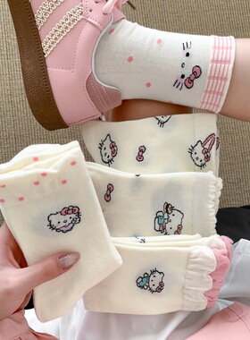 日系kt猫袜子女中筒袜夏季ins白色长筒袜女薄款甜美卡通花边长袜