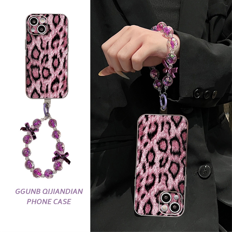 个性粉色豹纹闪粉紫珠蝴蝶结链适用华为Pura70pro手机壳p60/50/40日韩nova12pro/11/10女mate60/30/20防摔