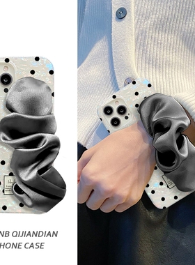 韩风黑色波点丝绸腕带适用华为nova12pro手机壳p50e/p40日韩mate60/30/20创意p30/p20防摔9se/8/7/6/5/4