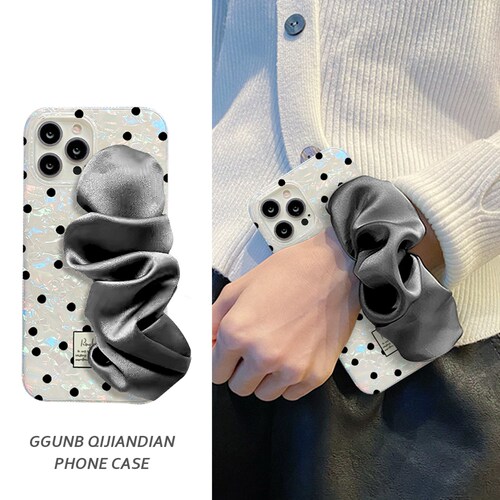 韩风黑色波点丝绸腕带适用华为nova12pro手机壳p50e/p40日韩mate60/30/20创意p30/p20防摔9se/8/7/6/5/4