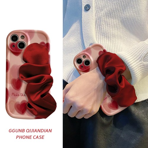 满屏酒红爱心丝绸腕带适用华为荣耀100pro手机壳畅享20plus防摔80/60se/50/V40创意x40/x30i/x20se软20女90