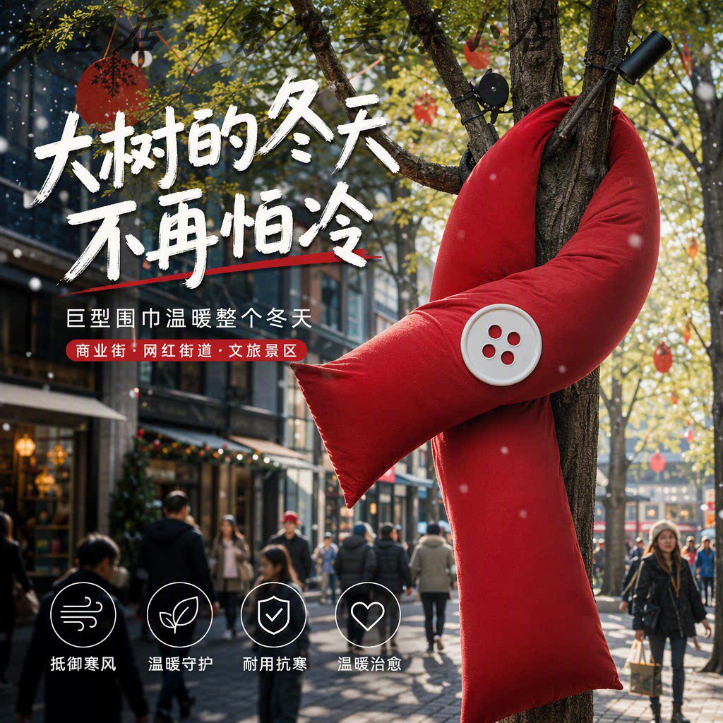 大树巨型红色围巾纽扣网红树木保暖围脖步行街冬季打卡引流道具