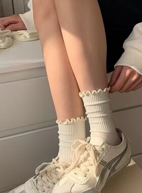 白色袜子女中筒袜ins潮纯色春夏季日系长袜卷边波点夏季堆堆袜