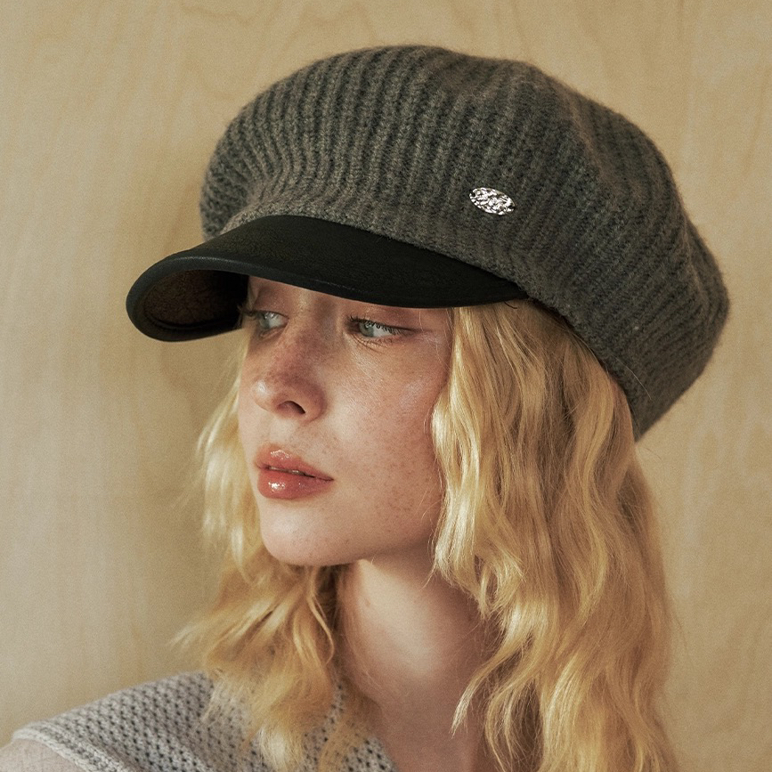 CHUNISLET纯屿 羊毛针织拼接皮质简约风贝雷帽显瘦画家帽