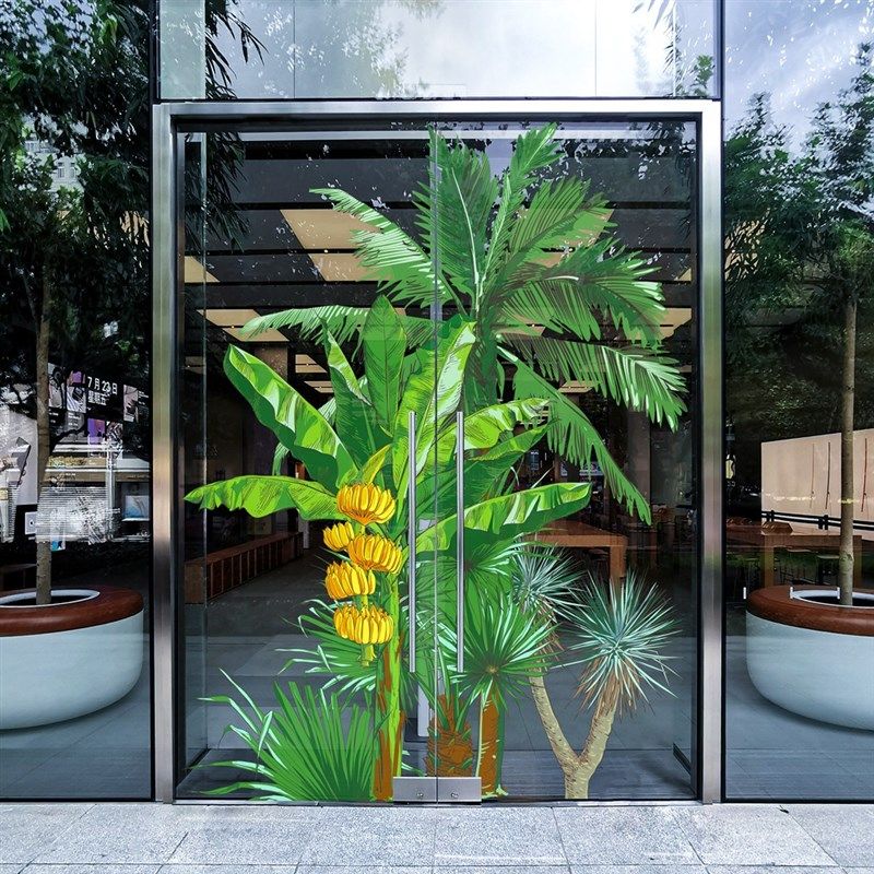 夏季热带椰树玻璃贴膜酒店售楼处商场玻璃门橱窗装饰静电无胶窗花