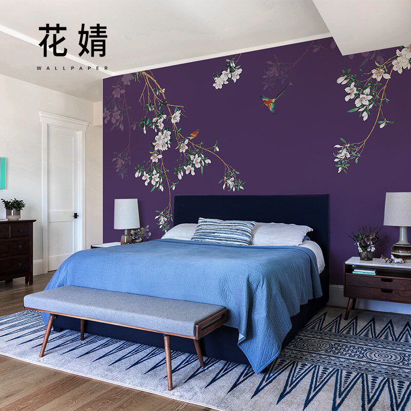 壁画定制古典玉兰花鸟电视背景墙纸新中式客厅卧室老人房壁纸墙布