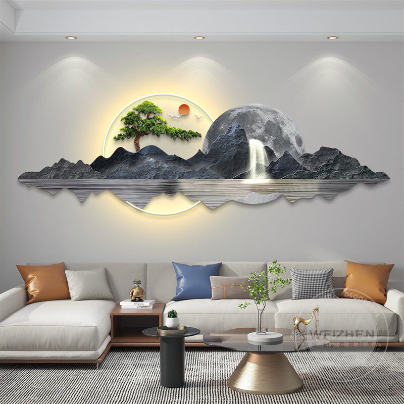 轻奢led带灯迎客松客厅装饰画沙发背景墙挂画简约现代高级感灯画
