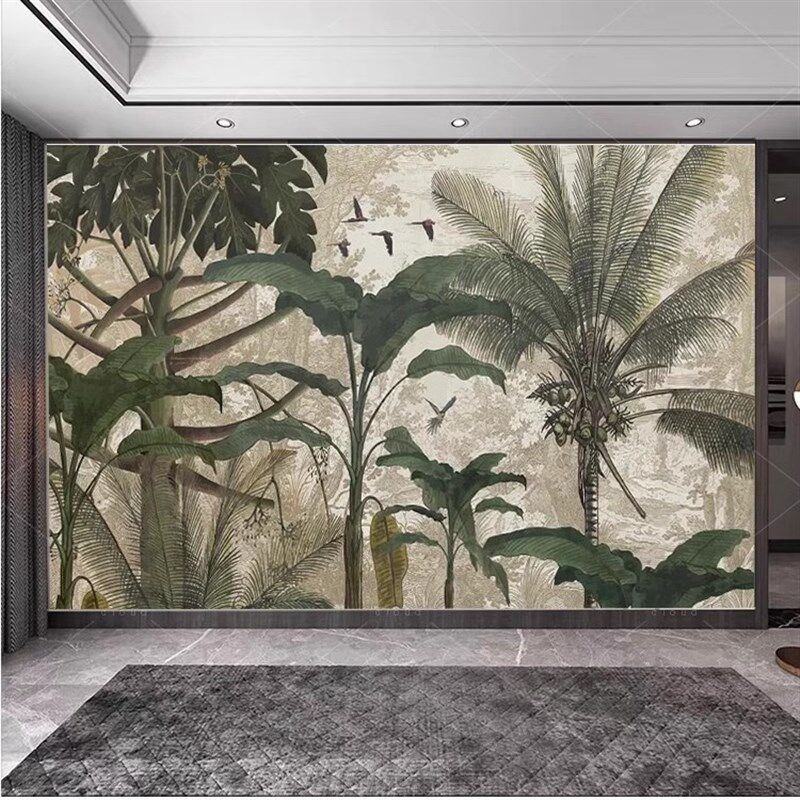 绿色热带雨林植物墙纸复古南洋风壁纸墙布东南亚风情酒店餐厅壁画
