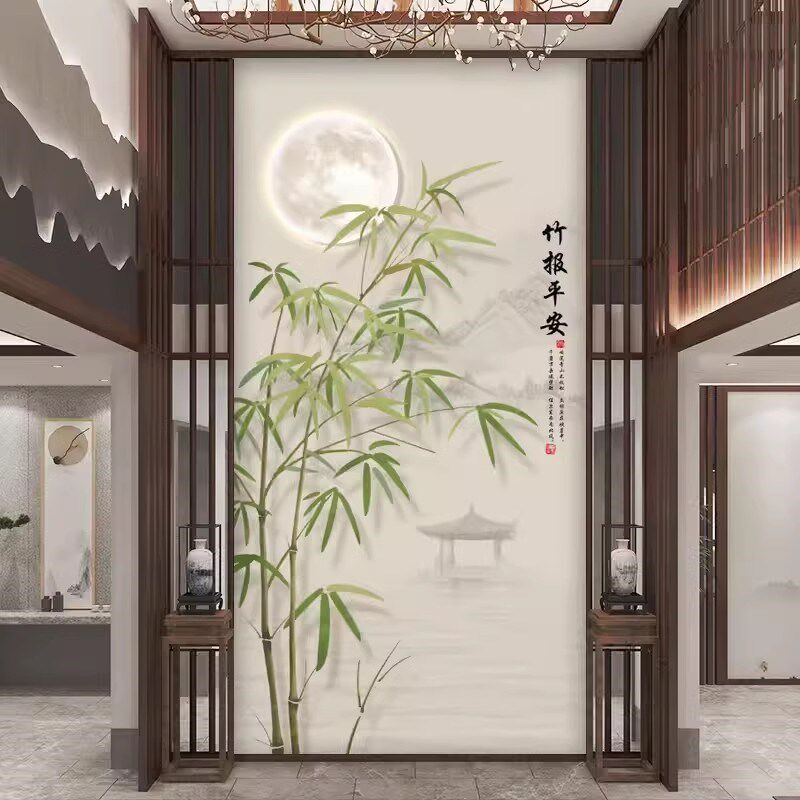 别墅挑高复式楼电视背景墙壁纸中式竹子客厅挑空玄关壁画墙布壁布