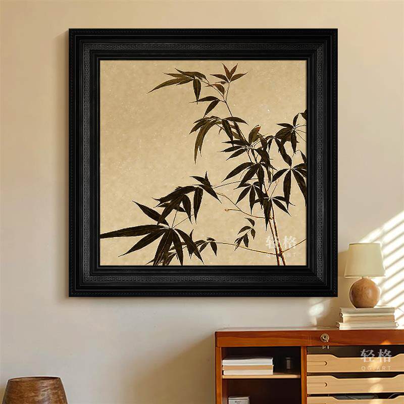 竹叶手绘油画宋代美学竹报平安玄关斗柜挂画中古风客厅墙壁装饰画