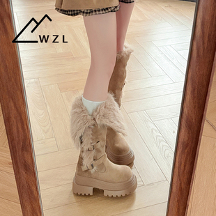 WZL厚底两穿毛毛雪地靴女2025冬季 靴子加绒不过膝长筒靴 显瘦时尚