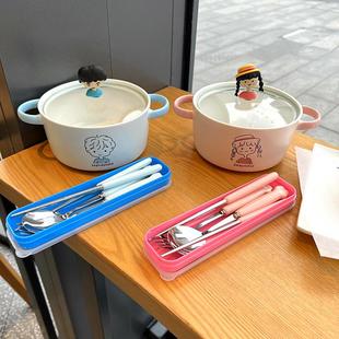 卡通陶瓷碗男女学生宿舍大容量泡面碗带盖双耳汤碗家用方便面餐具