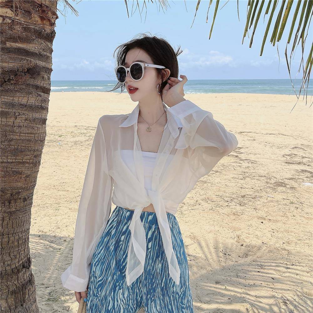 海南三亚防晒衣女款衬衫薄纱夏季蕾丝衫/雪纺衫