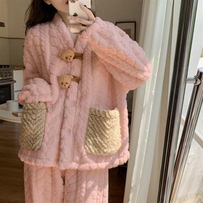 桂花绒睡衣小熊猫珊瑚绒睡衣女士秋冬季新款加厚加绒法兰绒学生家