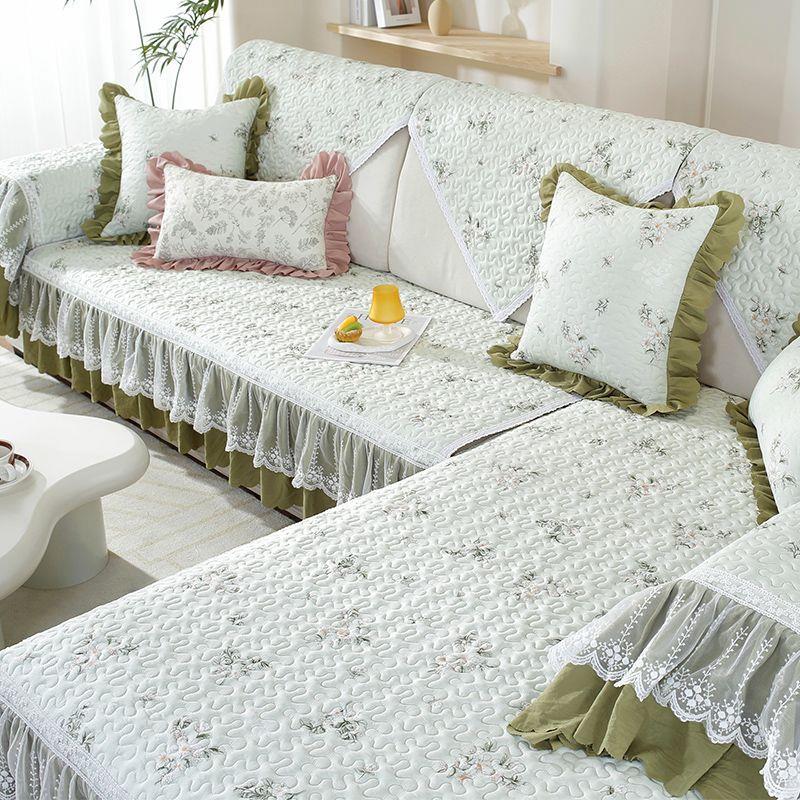 三人位加贵妃沙发套田园纯棉四季通用欧式布艺沙发垫全棉坐垫防滑