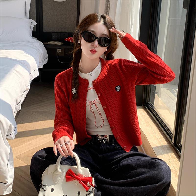 红色毛衣开衫外套女中长款针织洋毛针织衫