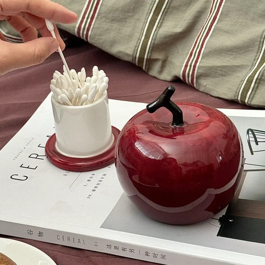 原创设计款高颜值苹果牙签罐陶瓷牙线棉签收纳盒装饰摆件礼物