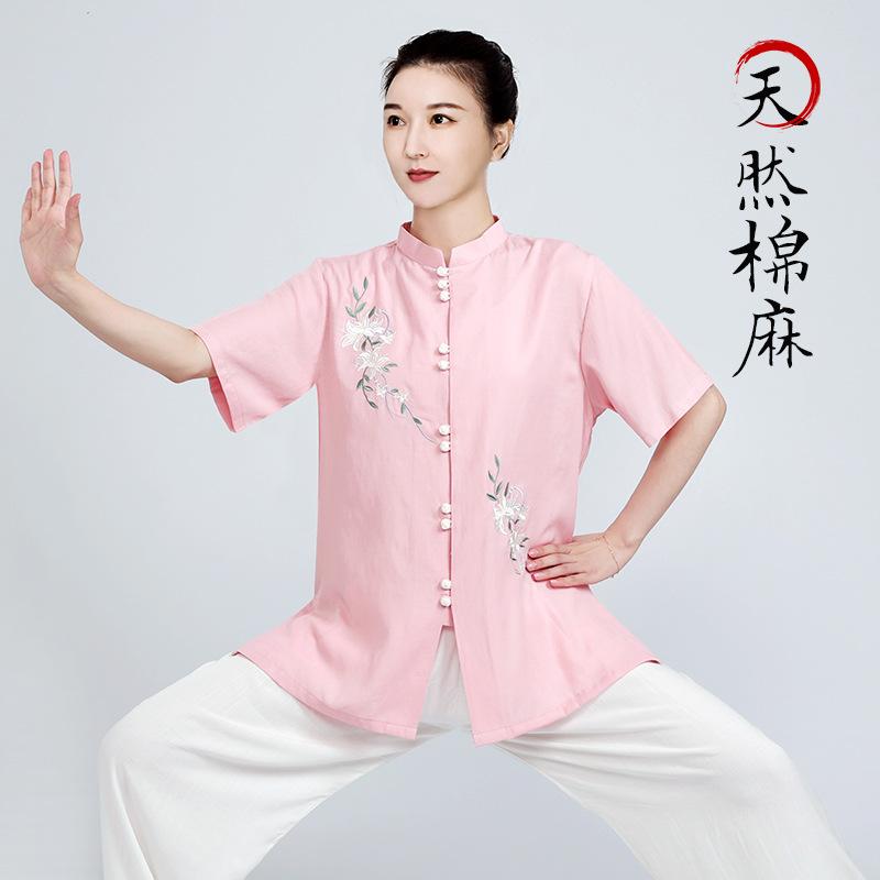 小和山太极服装女新款洋气亚麻棉麻太极拳练功服短袖太极服女