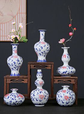 中式仿古青花瓷小口桌面水培花瓶