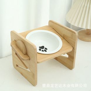 竹木猫碗架双陶瓷猫碗喂食器木质猫食盆可拆洗斜口防打翻宠物碗架