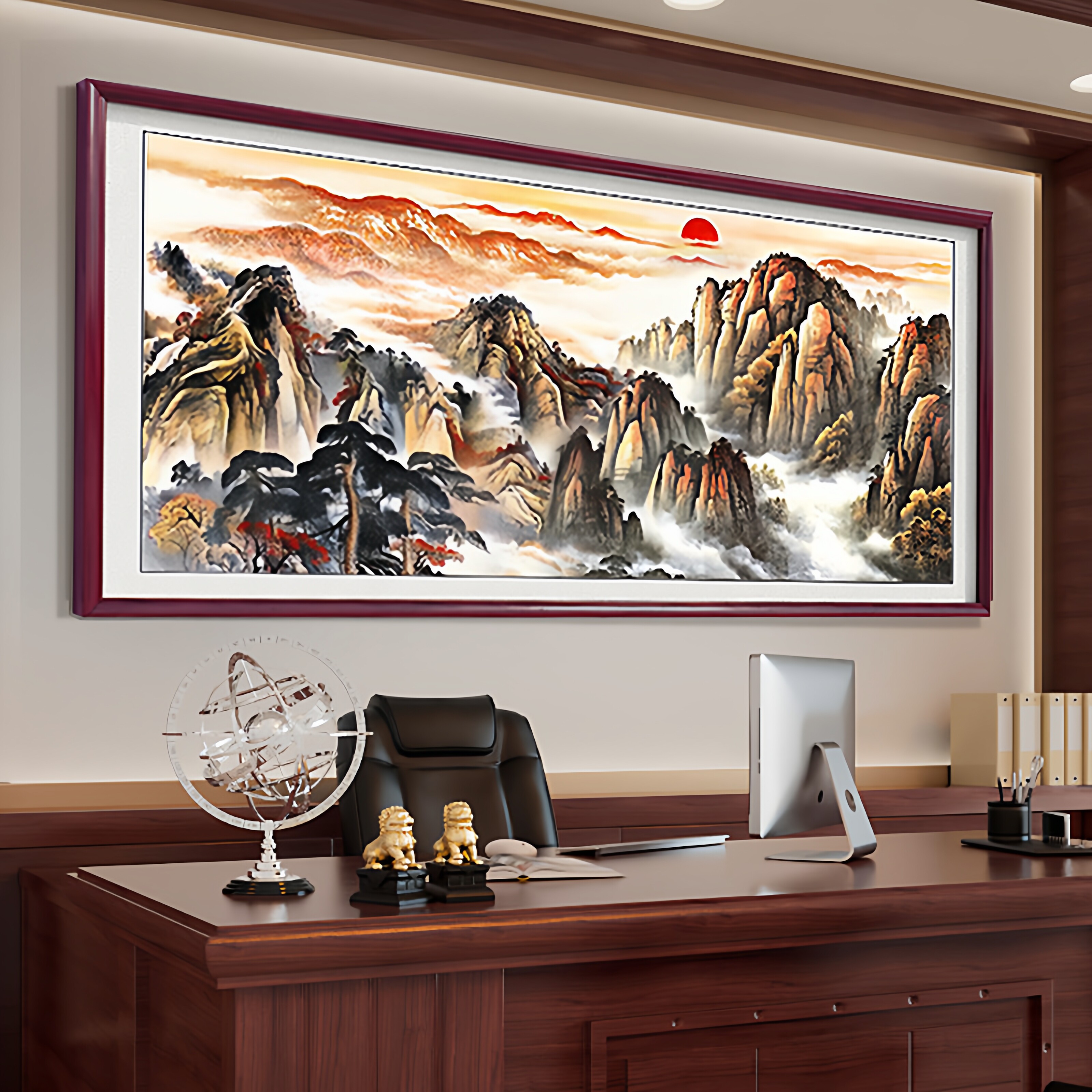 有山无水靠山图泰山日出挂画客厅背景山水风景画办公室国画装饰画