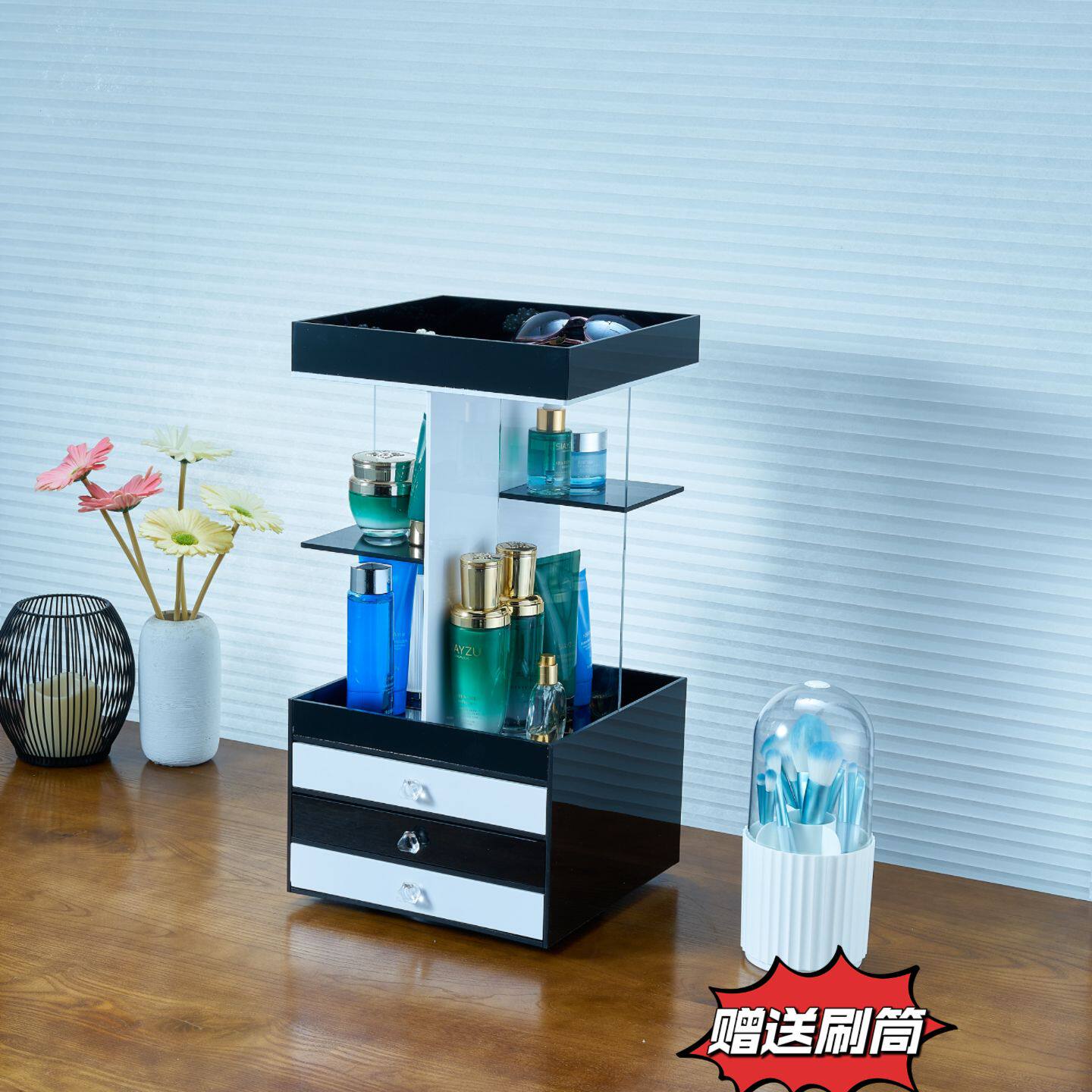旋转亚克力化妆品抽屉收纳盒桌面首饰香水玄关梳妆台护肤品置物架