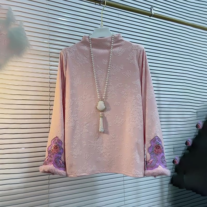 国风拉绒半高领打底衬衫大码女装冬季胖mm长袖宽松洋气显瘦上衣