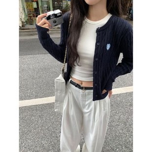外套女秋装 藏蓝色麻花针织开衫 高级感韩系外搭毛衣独特上衣