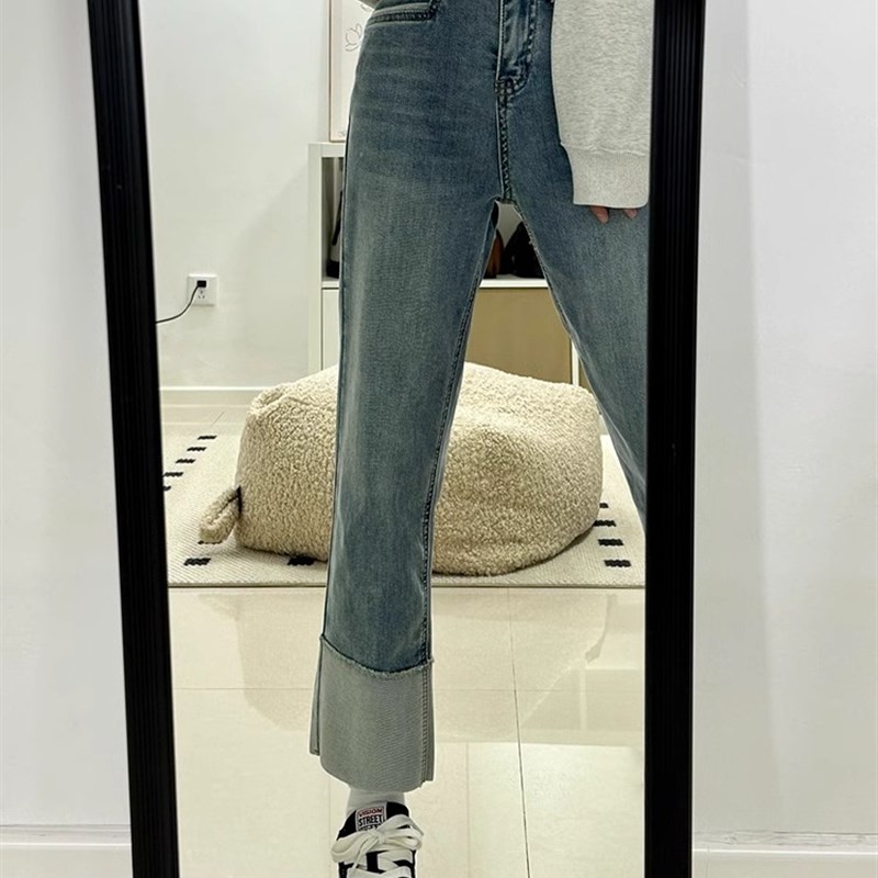 大码卷边直筒牛仔裤女2024春秋胖妹妹mm高腰弹力显瘦九分烟管裤子