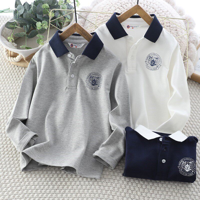 春秋款男童虎头翻领POLO衫中大童学院风长袖T恤校服洋气上衣打底
