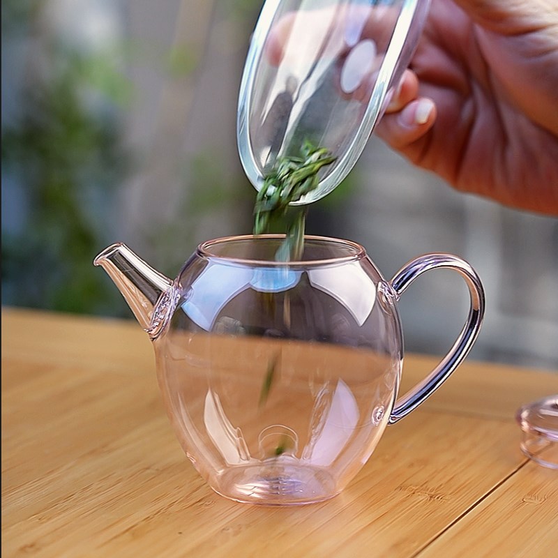 粉色玻璃泡茶壶加厚耐热高硼硅绿茶壶带过滤纯手工女士专用茶壶