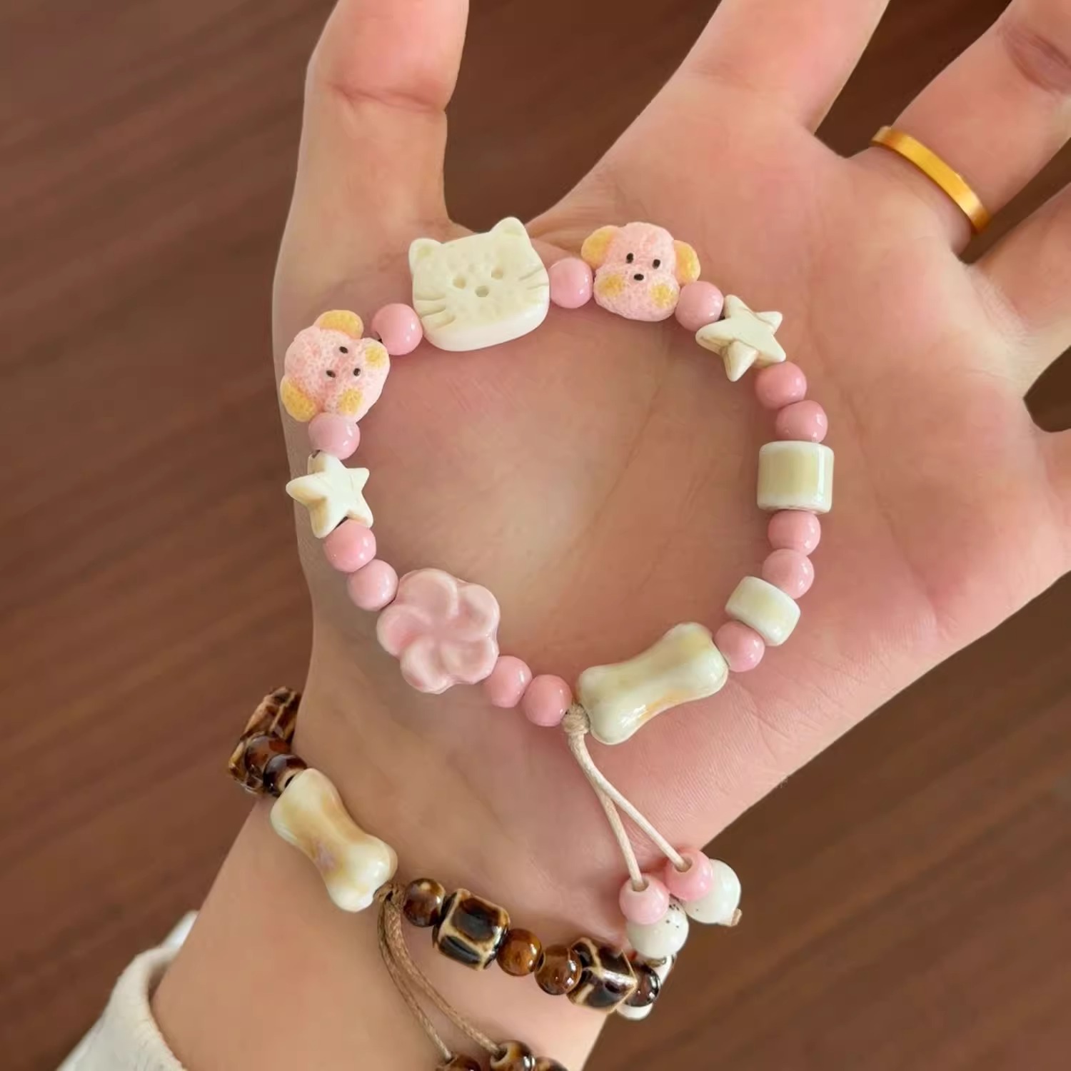 可爱陶瓷手链高颜值猫狗卡通情侣闺蜜编织绳不掉色手环小清新ins