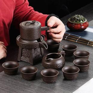 家用 紫砂复古石墨半自动懒人泡茶壶时来运转防烫石磨功夫茶具套装