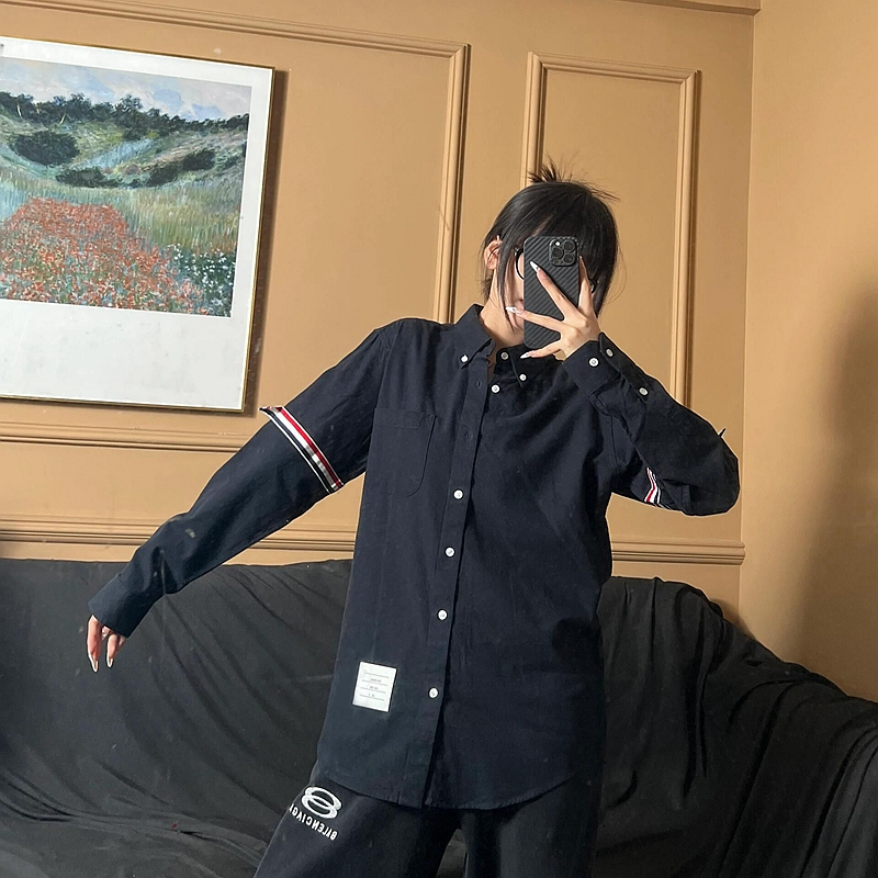 法兰绒TB衬袖子织带杠男女情侣纯棉长袖衬衣学院风外套THGWBRGMEN