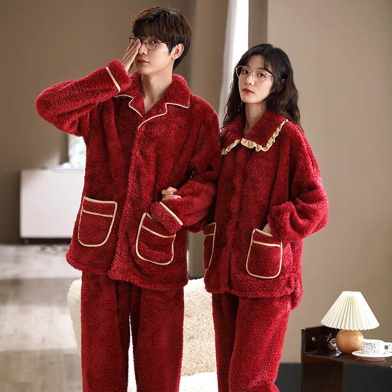 珊瑚绒睡衣情侣冬季加绒加厚款结婚新婚红色保暖家居服男女套装