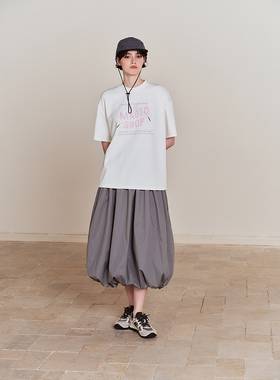 MINGSI x JEEN夏季烟灰色花苞设计半裙中长款半身裙JB102240904