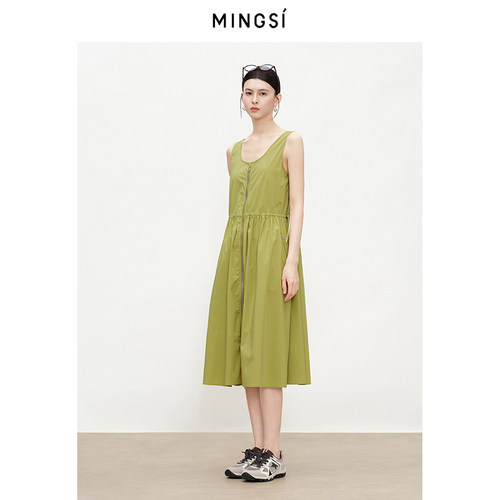 MINGSI设计感绿色抽绳背心连衣裙